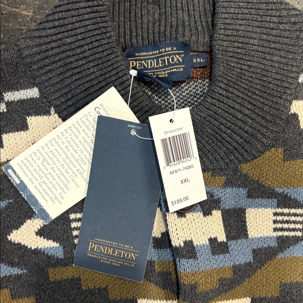 Pendleton Men's Geometric Button-Up Cardigan - Gray, Orange, Blue, Cream, Brown - Picture 2 of 4